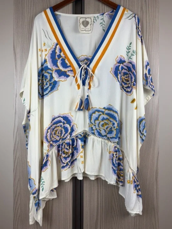 Z&L Kimono Tunic Top/Swim Cover Up ~ in Blue & Orange Floral - Picture 1 of 16